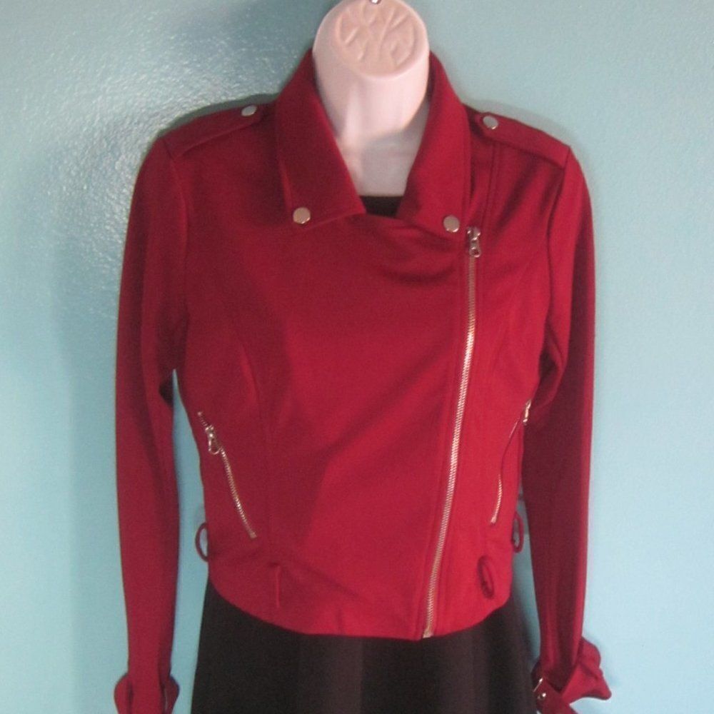NBD Womens Size S Red Bandage Knit Biker Cropped Jacket Zipper Front - Picture 4 of 10